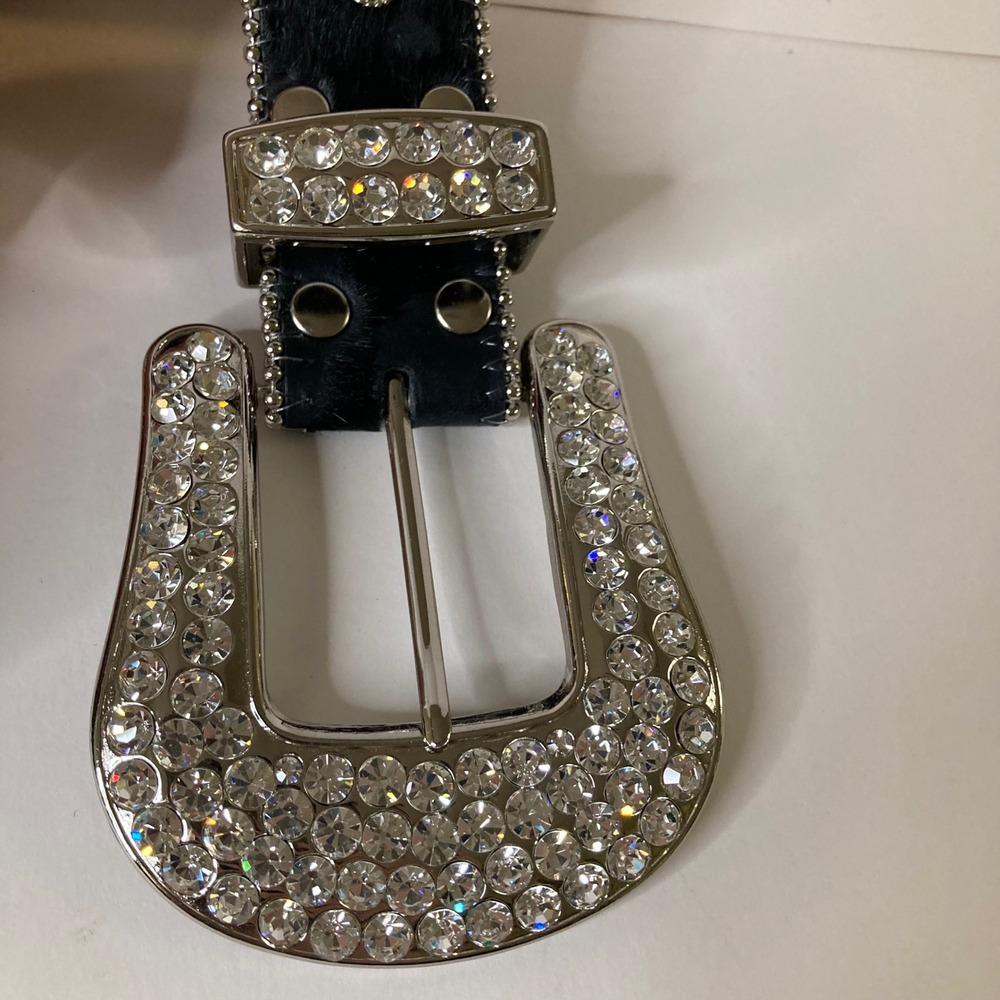 Vintage 1849 Authentic Ranchwear Rhinestone Cross Calfhair Belt 34-L Black 1.5"W - Picture 2 of 12